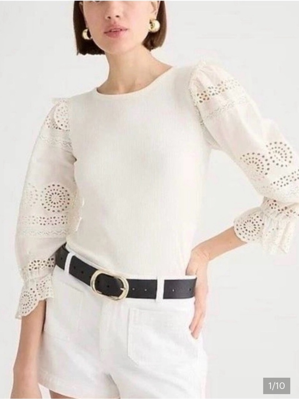 J.Crew Ruffle Trim Eyelet Vintage Ribbed Long Sleeve Top Beige Sz M